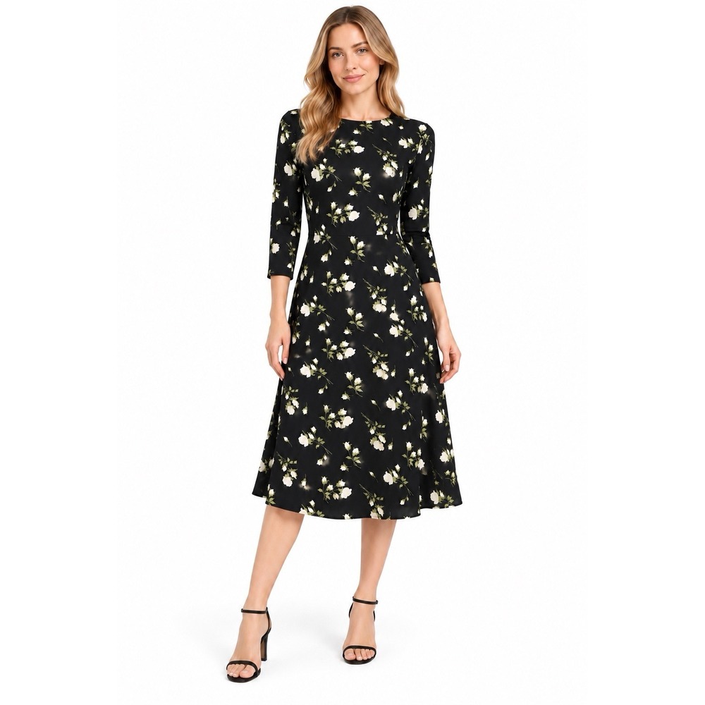 Reformation Floral Print Midi Dress Size 2 Black Floral Long Sleeve Cocktail
